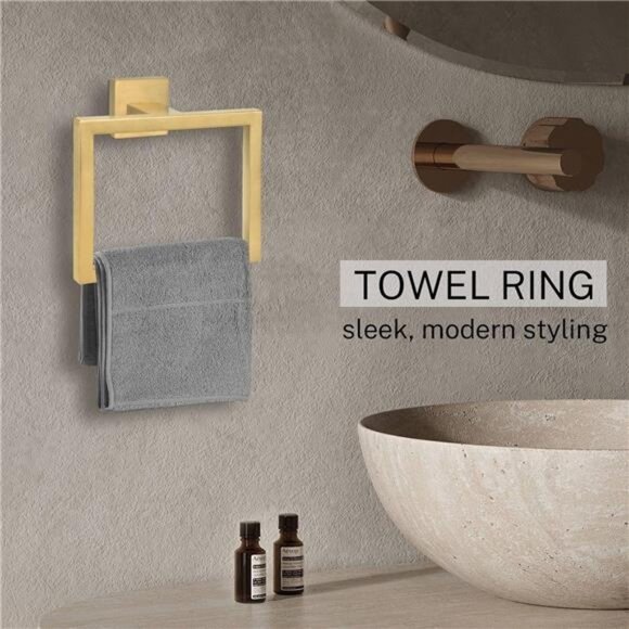 Bathroom towel ring set 2 piece wall mounted brushed gold square hand towel hold - Picture 6 of 8